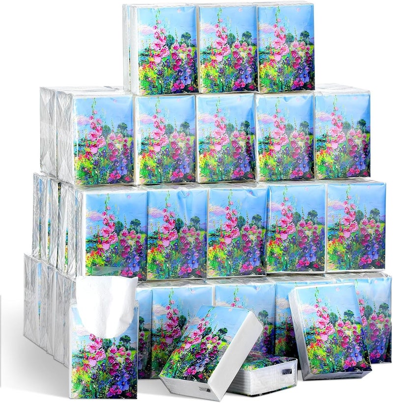 Fourluoo 100 Pack Pocket Tissues Individual Packs Bulk 3 Ply Mini Wallet Facial Tissues Travel Size for Spring Summer Wedding Party Supplies(Oil Painting Flowers) - Image 1